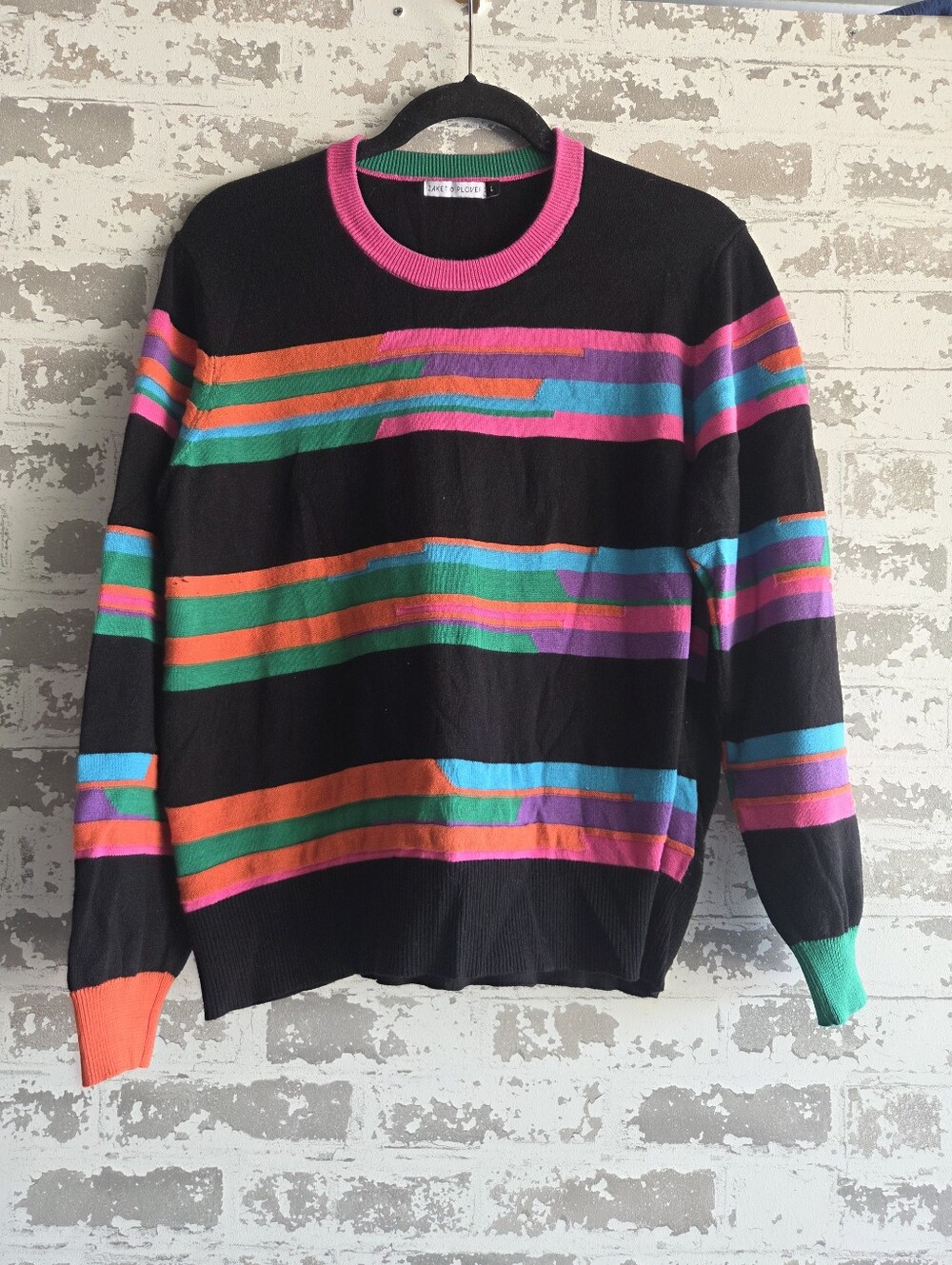 Zaket & Plover Bright Colorblock Stripe Crewneck Knit Sweater L Retro Neon